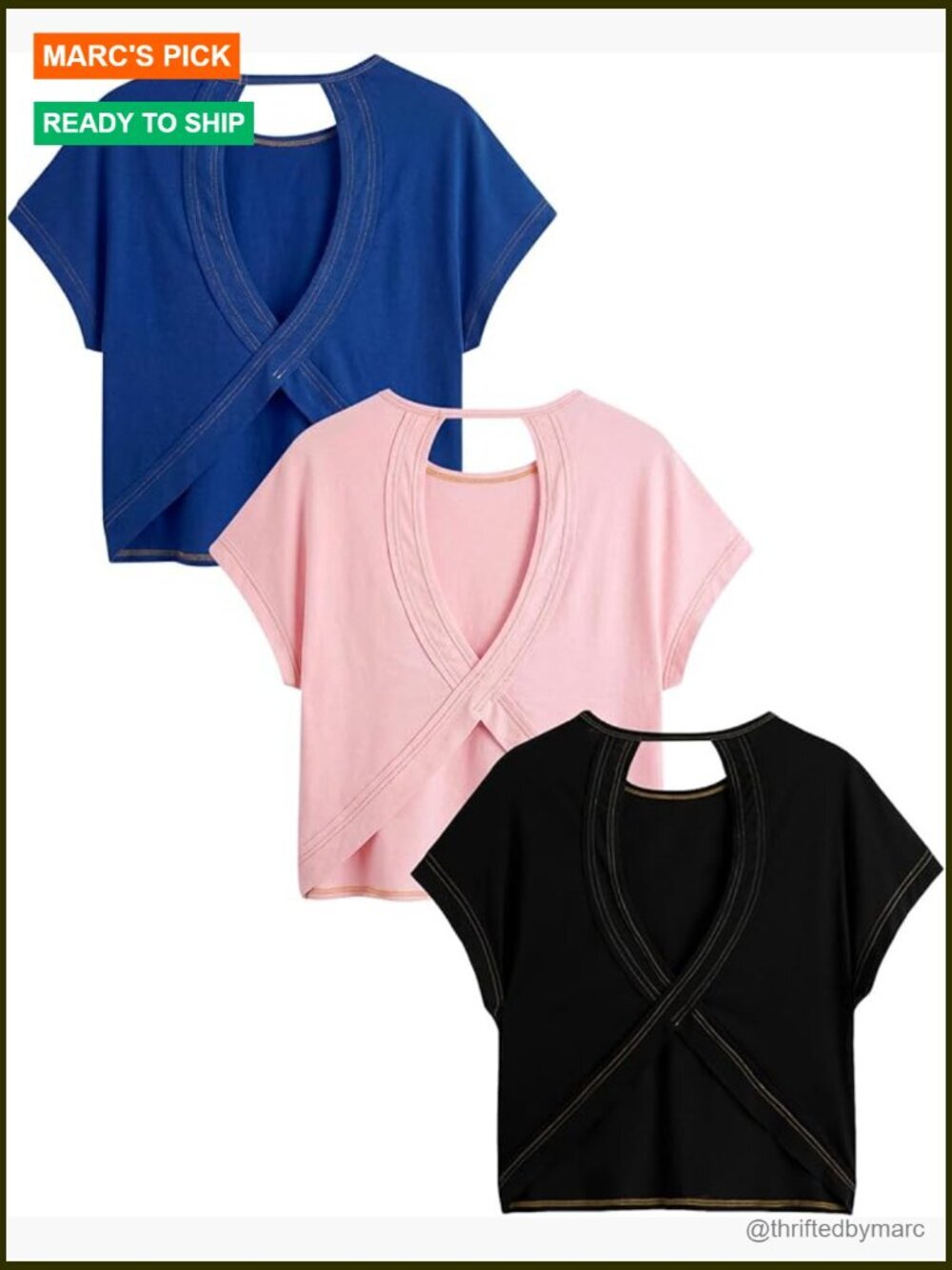 3-Pack Open Back T-Shirts, Criss Cross Cut Out, Short Sleeve Crewneck